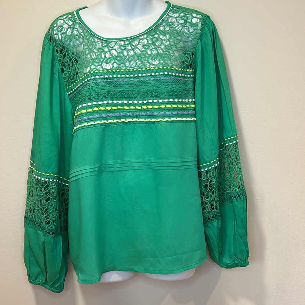 ANTHROPOLOGIE Bl^nk Green Boho Peasant Lightweight Summer Blouse Size Large - Picture 3 of 11